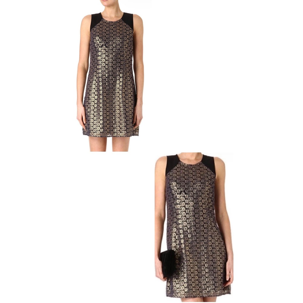 Juicy Couture Black Gold Metallic Floral Lace Mini Shift Dress Sleeveless Size 0